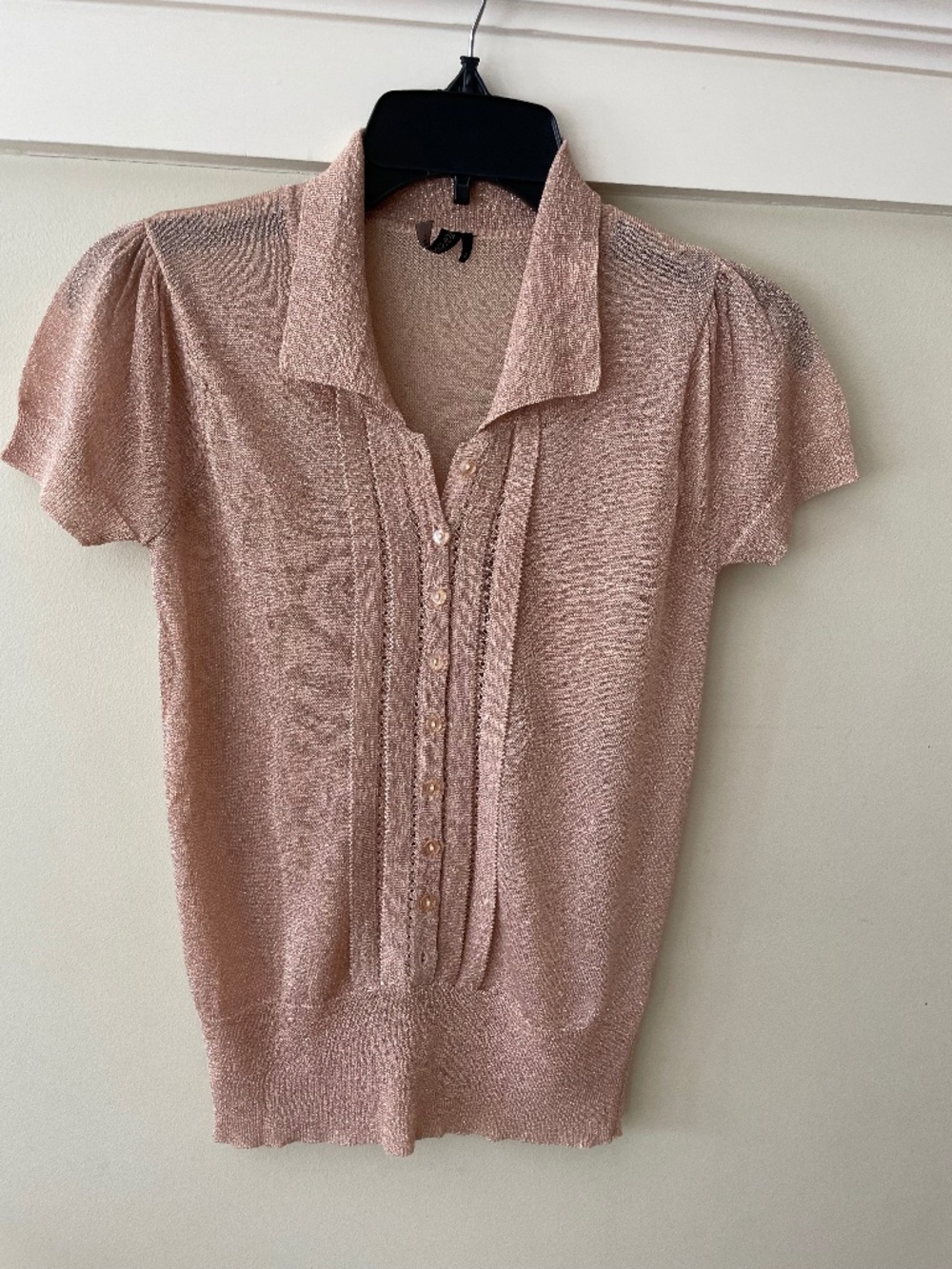 Topshop Rose Gold Metallic Shimmer Polo Knit Top Euro 36